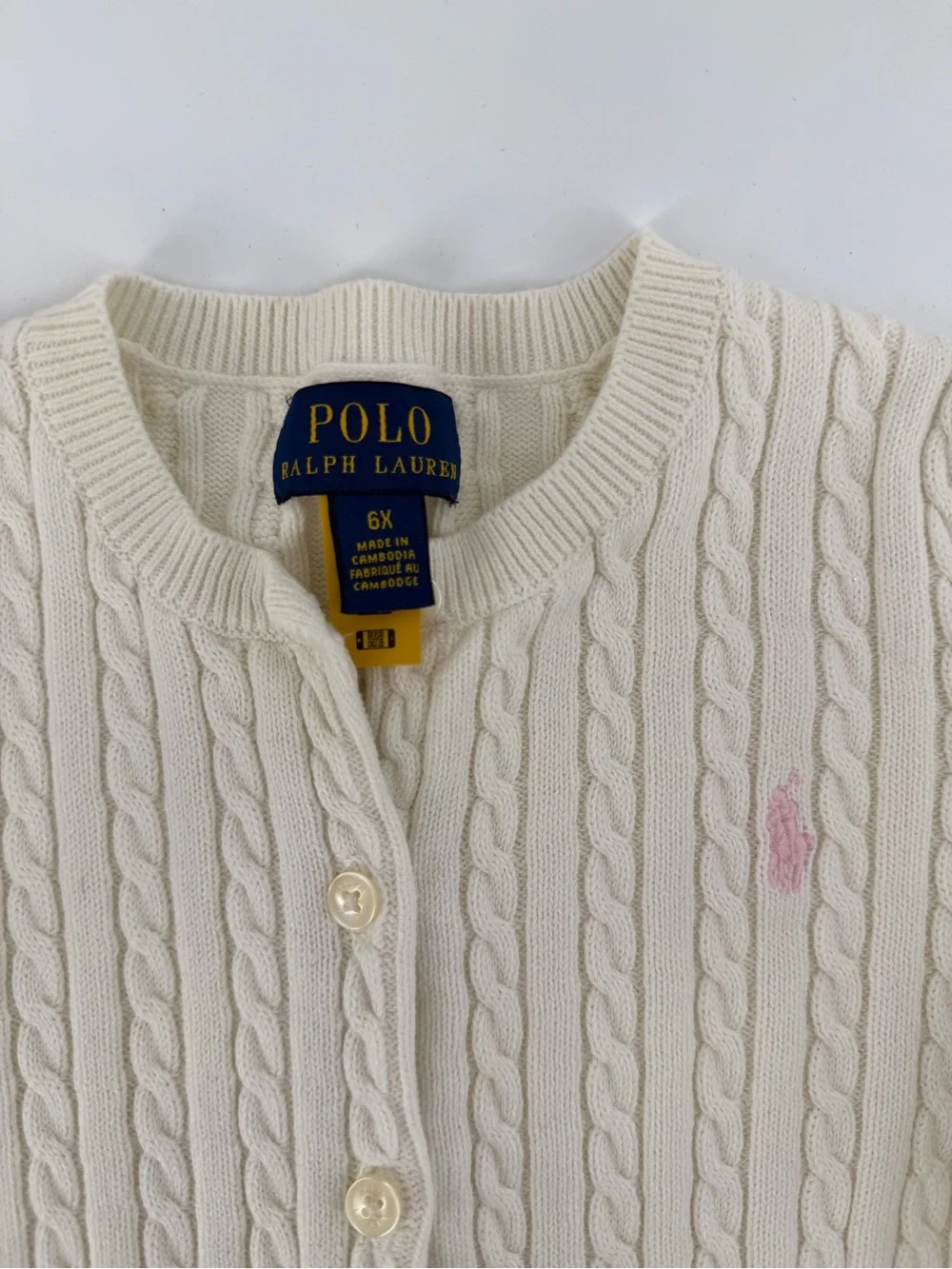 Polo Ralph Lauren Girls White Cable Knit Cardigan Sweater Size 6X Pink Pony